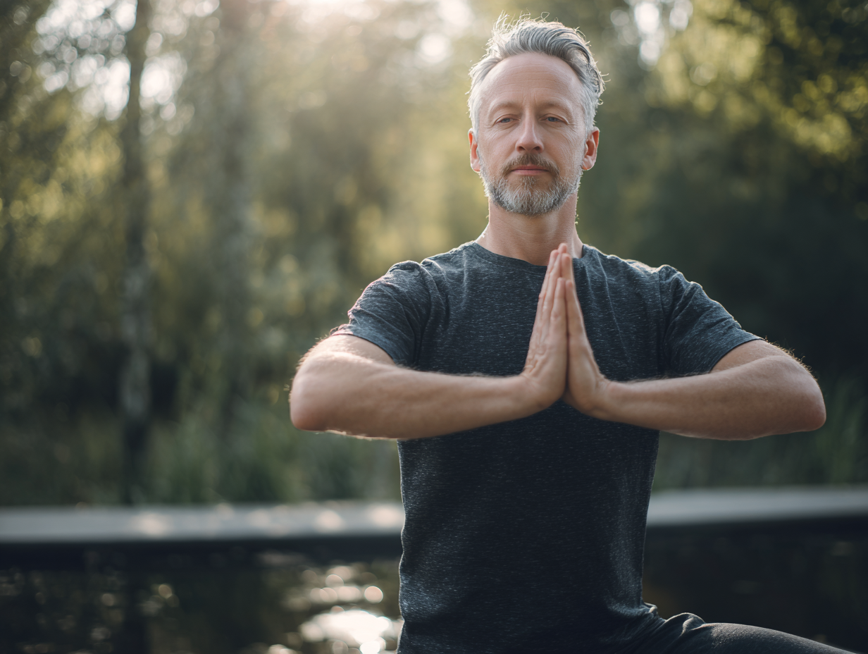 Група людей різного віку практикує йогу на природі