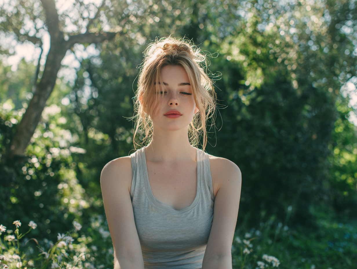 Людина середнього віку медитує на березі озера на світанку